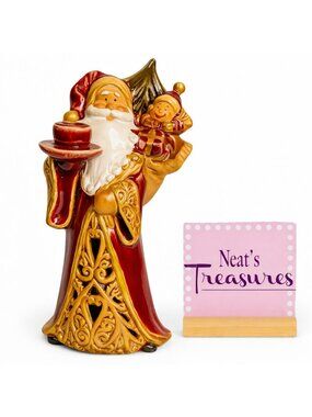 Elements CHRISTMAS SANTA CLAUSE With Baby & Gift Glazed Ceramic 9" Candle Holder